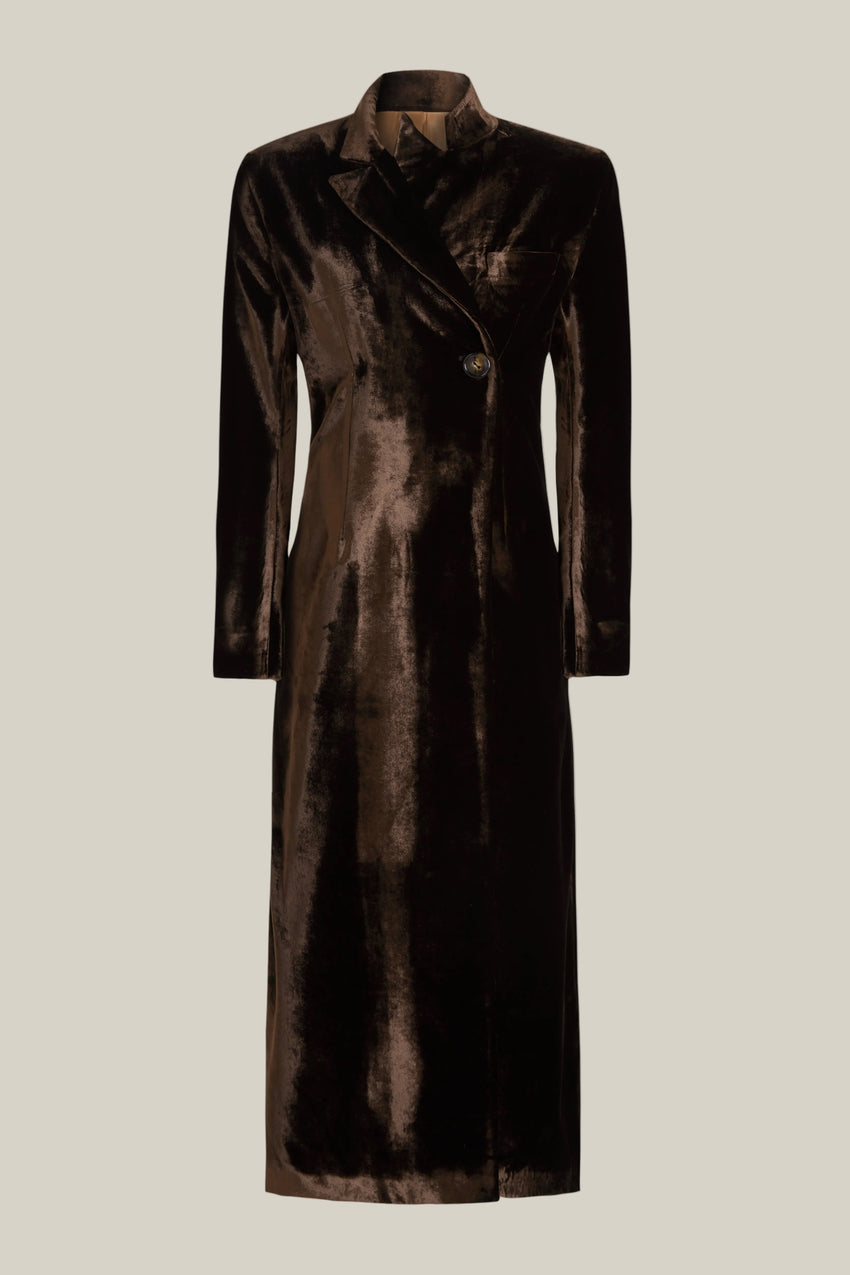 CHOCOLATE VISCOSE AND SILK VELVET COAT