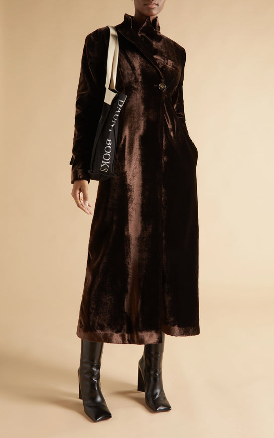 CHOCOLATE VISCOSE AND SILK VELVET COAT