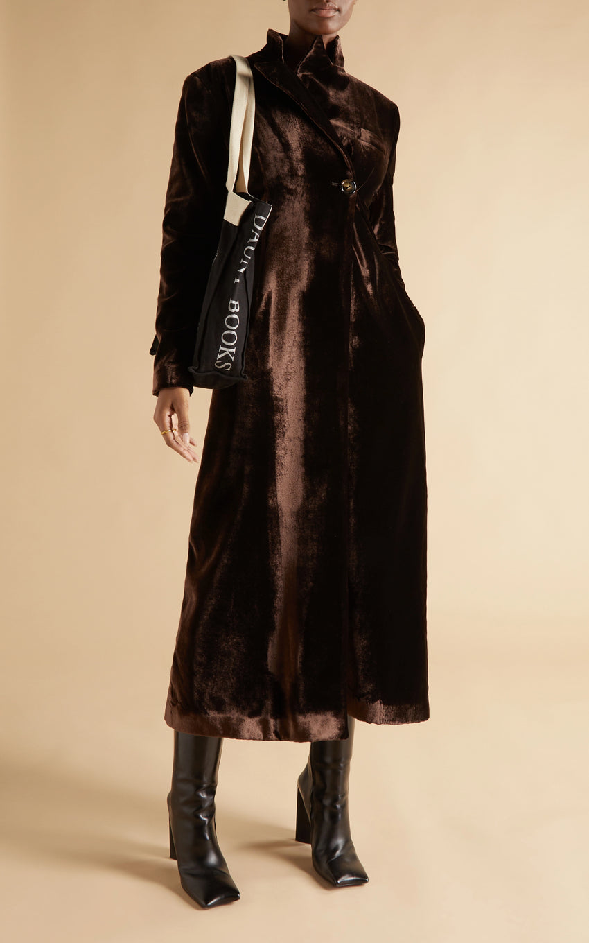 CHOCOLATE VISCOSE AND SILK VELVET COAT