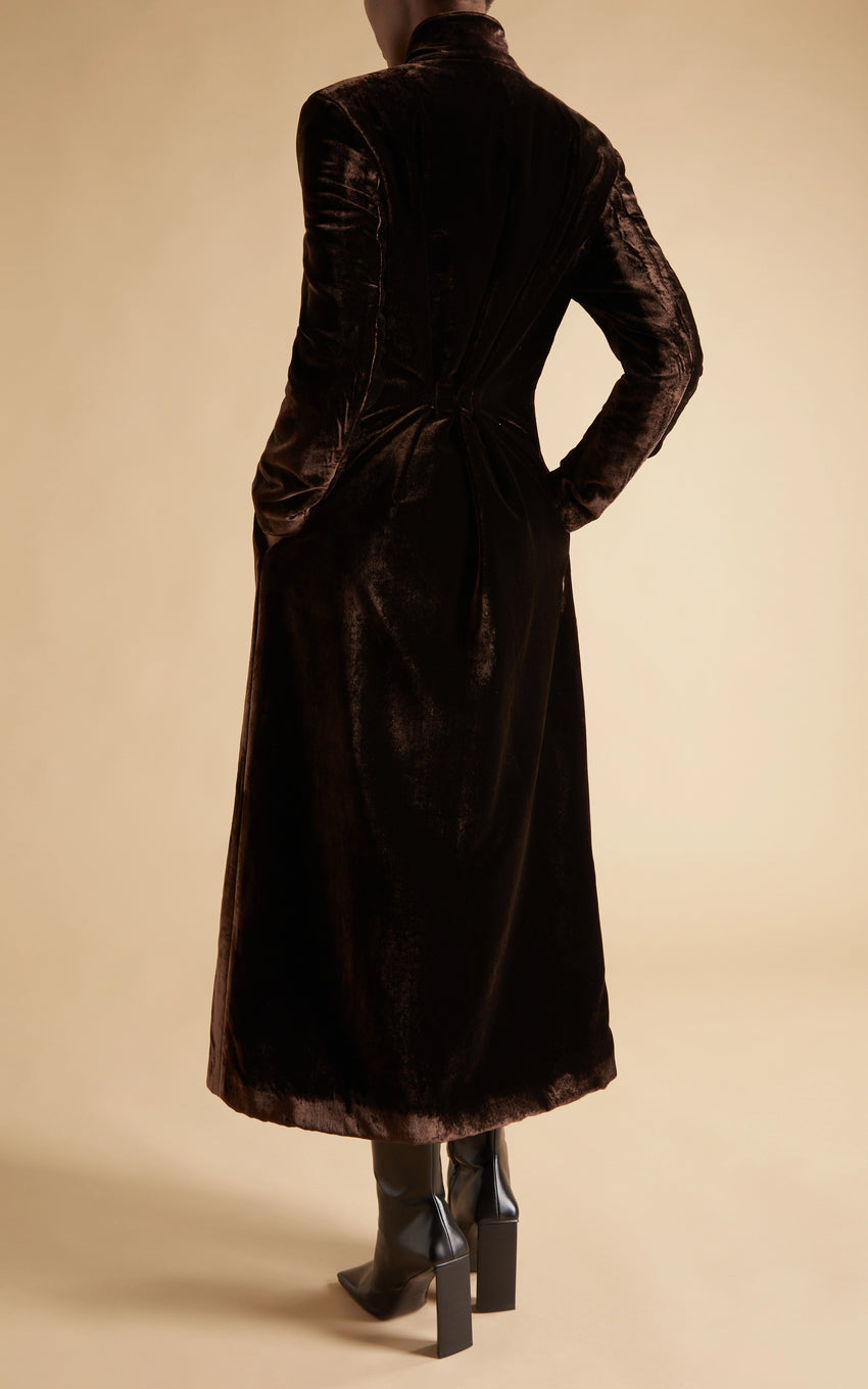 CHOCOLATE VISCOSE AND SILK VELVET COAT