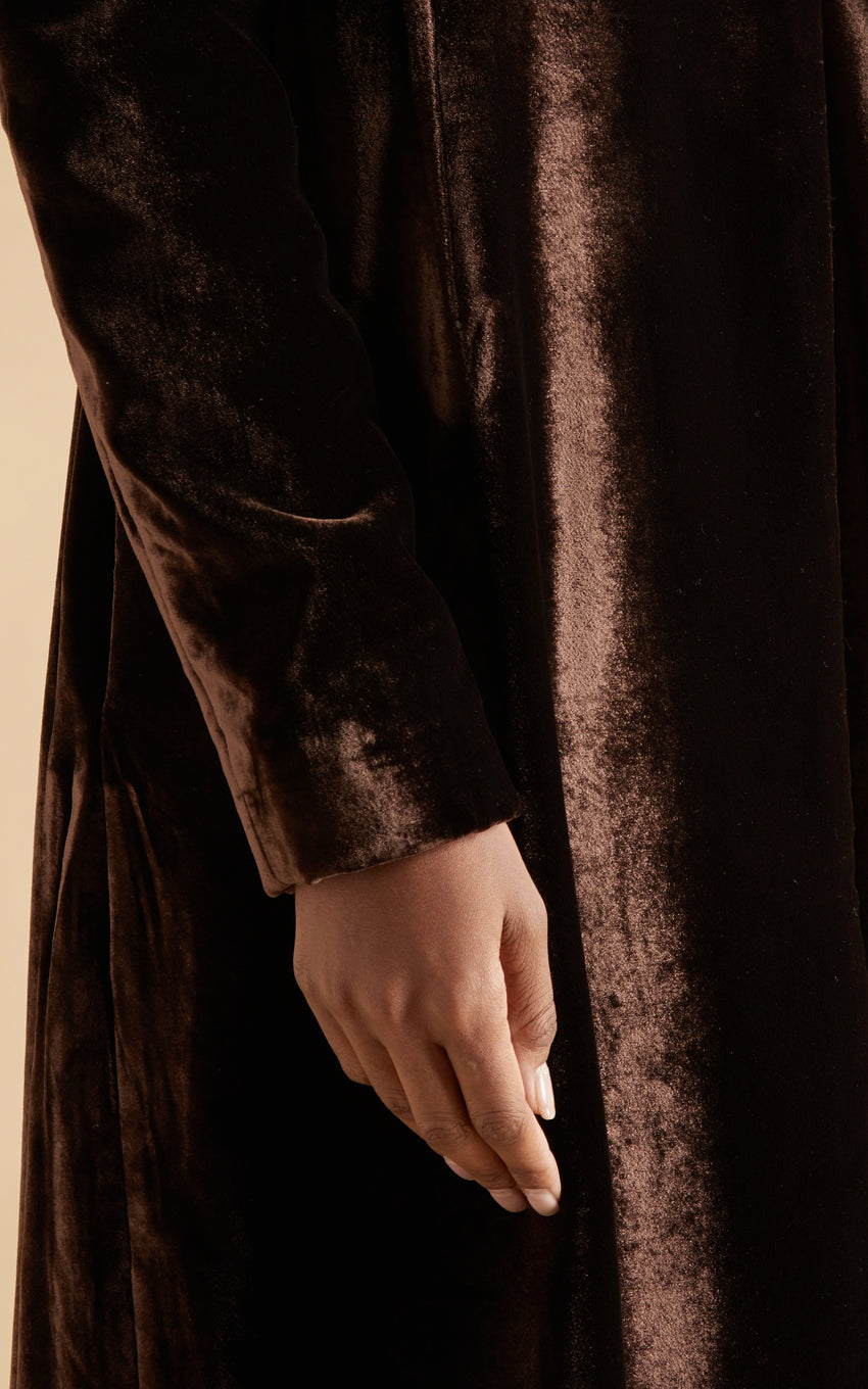 CHOCOLATE VISCOSE AND SILK VELVET COAT